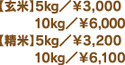 【玄米】5kg／￥3,000 10kg／￥6,000【精米】5kg／￥3,200 10kg／￥6,100
